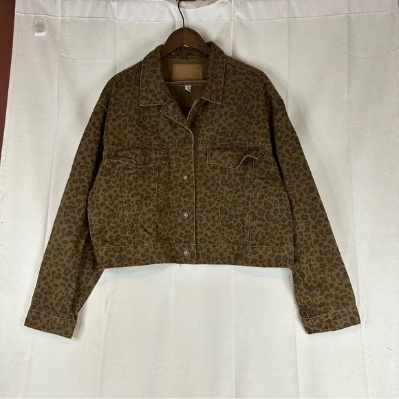 AMERICAN EAGLE Women’s Size XXL Denim Jean Jacket Coat Leopard Print Trucker - Picture 2 of 16